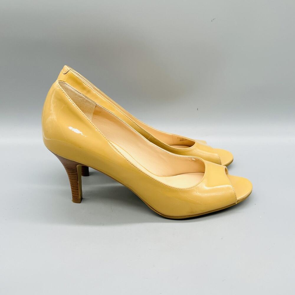 Cole Haan Shoes Womens 9 Tan Patent Leather Vtg Air Peep Toe Stiletto Heel Pumps
